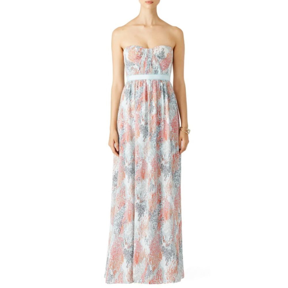 Bcbgmaxazria AMBER Blue Print Chiffon Strapless Gown Size 8 Prom